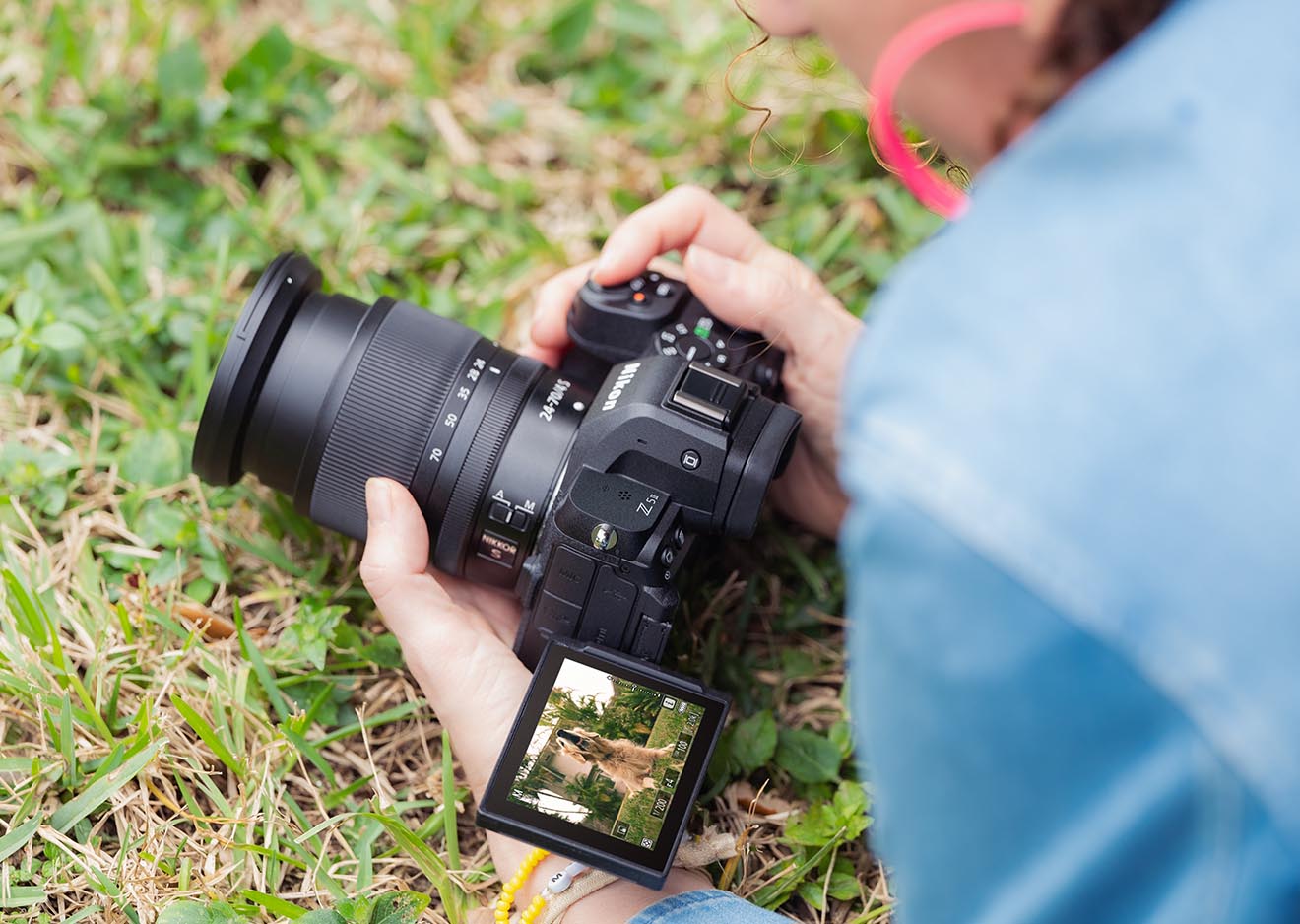 Nikon Z5 II – Tierfotografie aus Bodenperspektive Nikon Z5 II in den Händen einer Fotografin beim Fotografieren eines Hundes auf Wiese