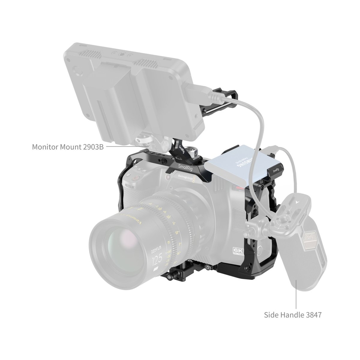 SmallRig 4574 Basic Cage Kit f. BMCC 6K (Vollformat) - Anwendungsbeispiel: SmallRig Monitorhalterung 2903B und Seitengriff 3847 am Kamerarig. SmallRig 4574 Basic Cage Kit f. BMCC 6K (Vollformat) - Anwendungsbeispiel: SmallRig Monitorhalterung 2903B und Seitengriff 3847 am Kamerarig.