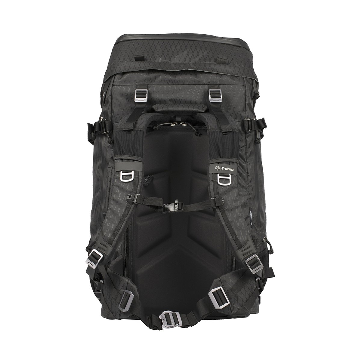 F-Stop DuraDiamond Shinn - Anthrazit - Rückansicht: Schwarzer Rucksack mit gepolstertem Tragesystem. F-Stop DuraDiamond Shinn - Anthrazit - Rückansicht: Schwarzer Rucksack mit gepolstertem Tragesystem.