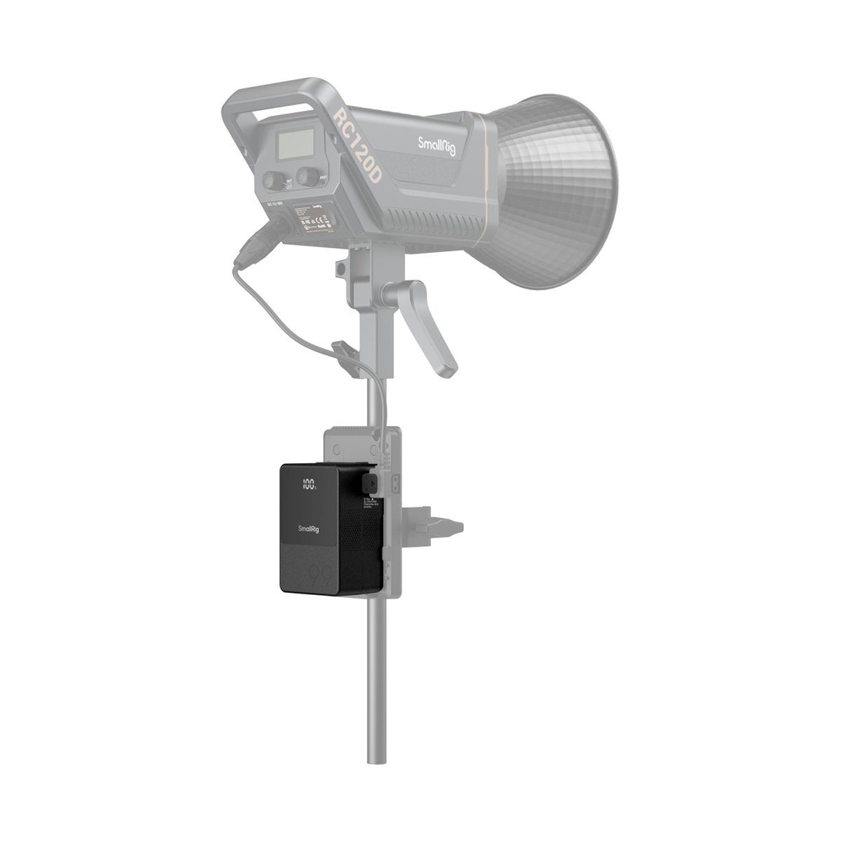 SmallRig 3580B VB99 mini V-Mount Akku - RC120D Videoleuchte mit Reflektor und externer Steuereinheit auf Stativ montiert SmallRig 3580B VB99 mini V-Mount Akku - RC120D Videoleuchte mit Reflektor und externer Steuereinheit auf Stativ montiert