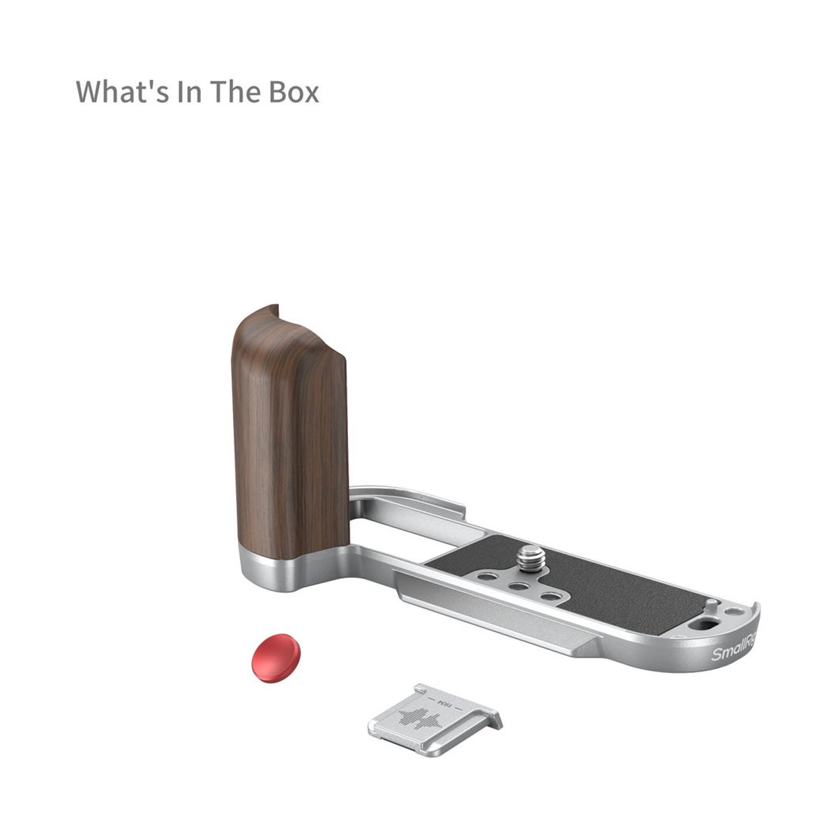 SmallRig 4735 Wooden L-Shape Handle für Fujifilm X-T50 silver - Lieferumfang: Kameragriff mit Holzteil, roter Auslöseknopf und Montagewerkzeug auf weißem Hintergrund.