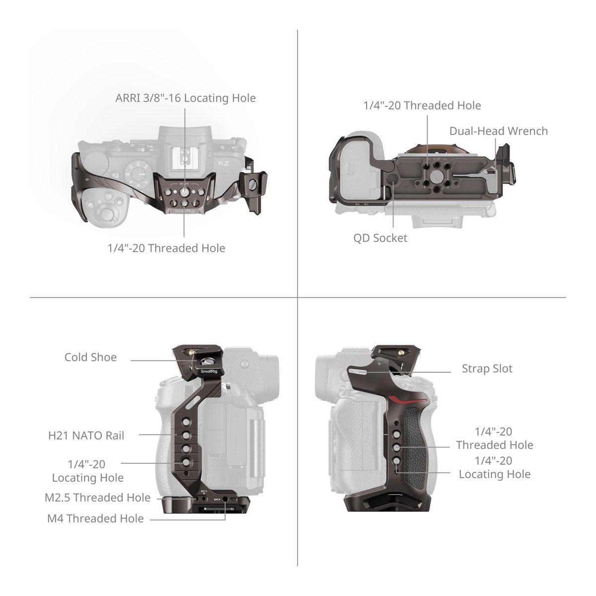 SmallRig 5258 Night Eagle, Cage für Nikon Z5II/5, Z6II/6, Z7II/7 - Detailansichten der Kamera-Cage mit allen Gewinden, NATO-Schiene, Kaltschuh und Anschlüssen, beschriftet.