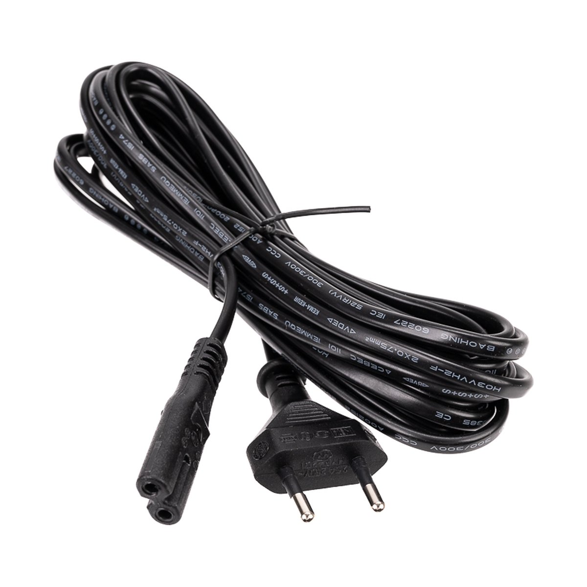Godox AD600 - power cable - Gesamtansicht: Schwarzes Netzkabel, gerollt, mit Eurostecker und C7-Buchse.