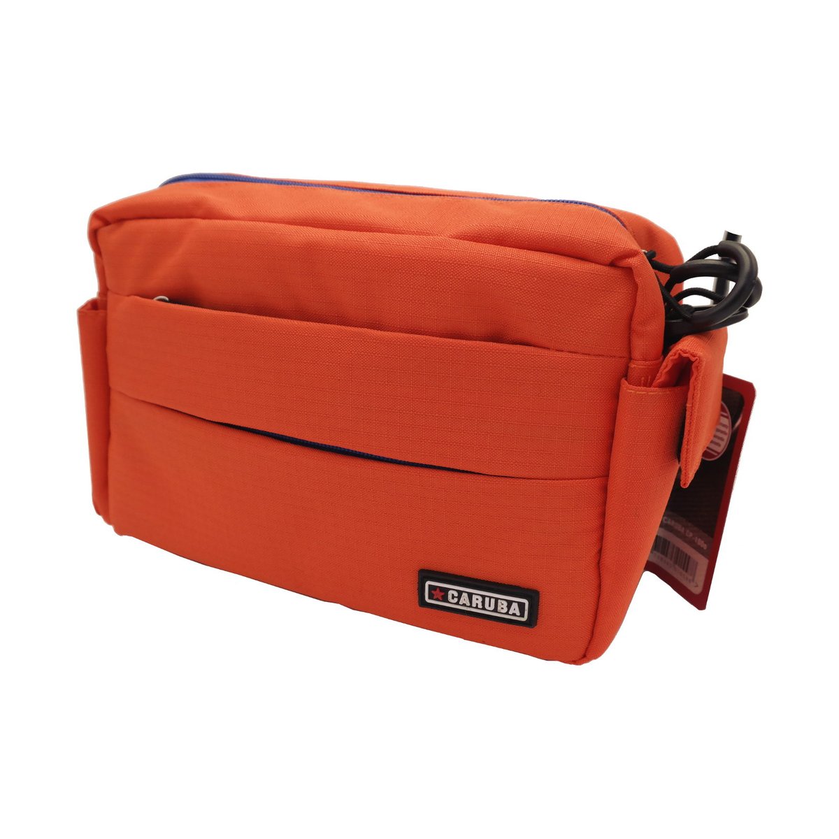 Caruba Compex 100 Orange - Orangefarbene CARUBA Tasche, Front-Seitenansicht mit Logo und blauem Reißverschluss.