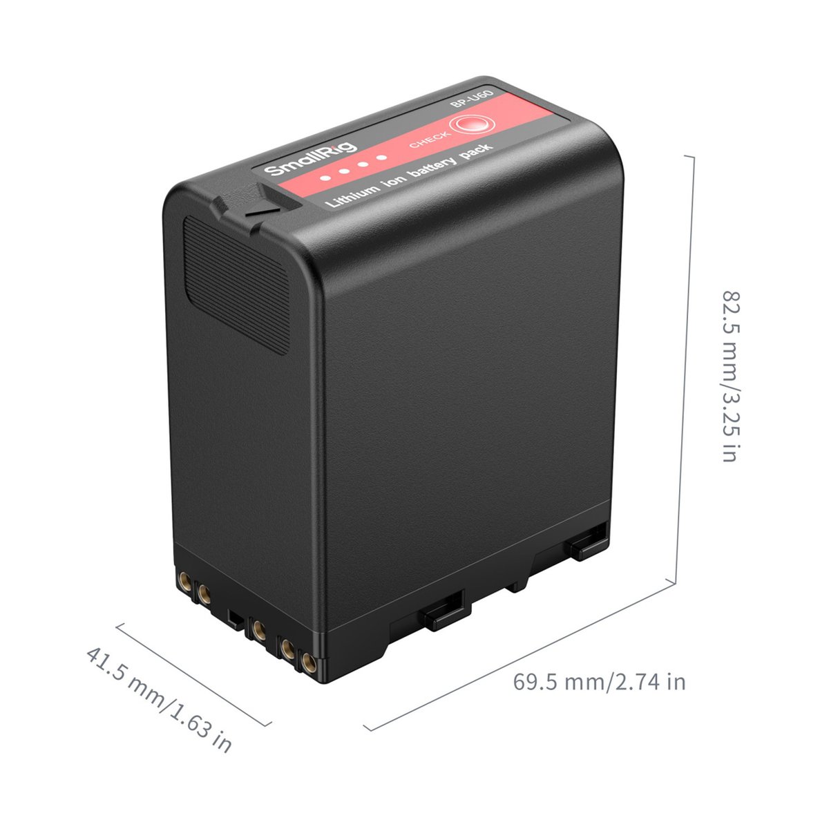 SmallRig 4670 BP-U60 Camcorder Akku - Produktansicht des SmallRig BP-U60 Lithium-Ionen-Akkus mit allen Abmessungen.