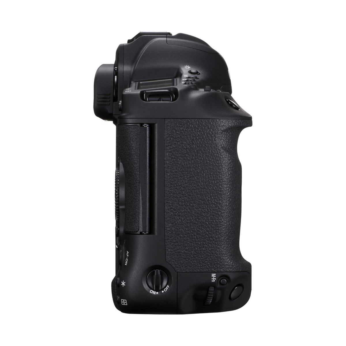 Canon EOS 1D X Mark III Body - Rechte Seitenansicht der schwarzen Kamera, Hochformatgriff mit Bedienelementen.