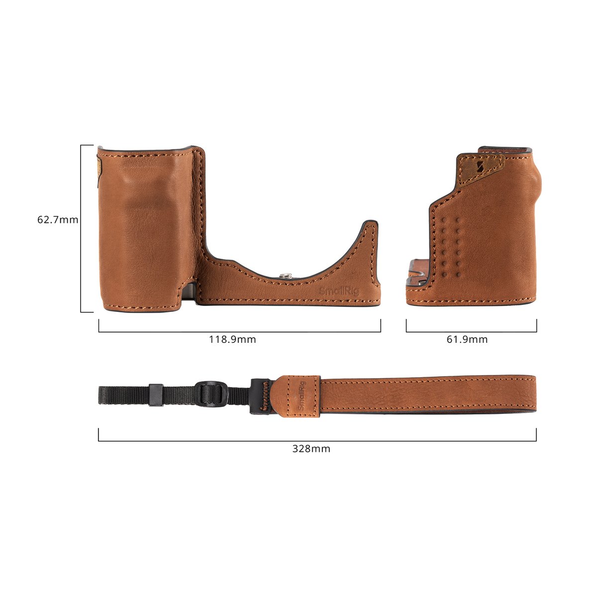 SmallRig 4889 Leather Case Kit (braun) für Sony ZV-E10 II - Detaillierte Maße der braunen Kamerahülle und des passenden Handgelenkriemens.