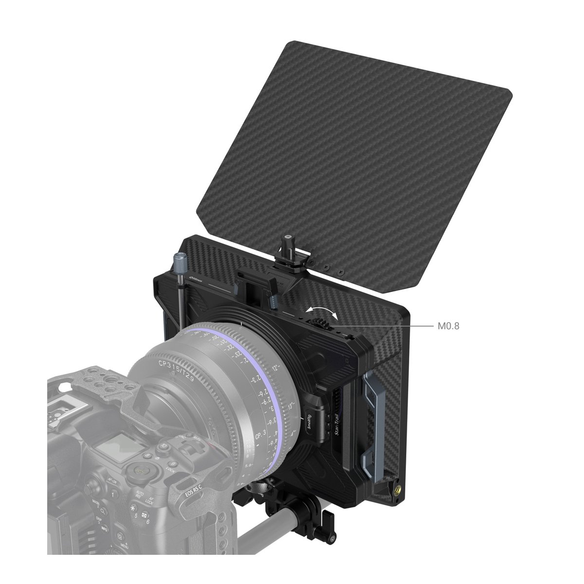 SmallRig 3645 modulare Matte Box (multifunktional, Ø 95 mm) VND Kit - Detailansicht einer Matte Box am Kameraobjektiv mit markiertem M0.8 Zahnrad.