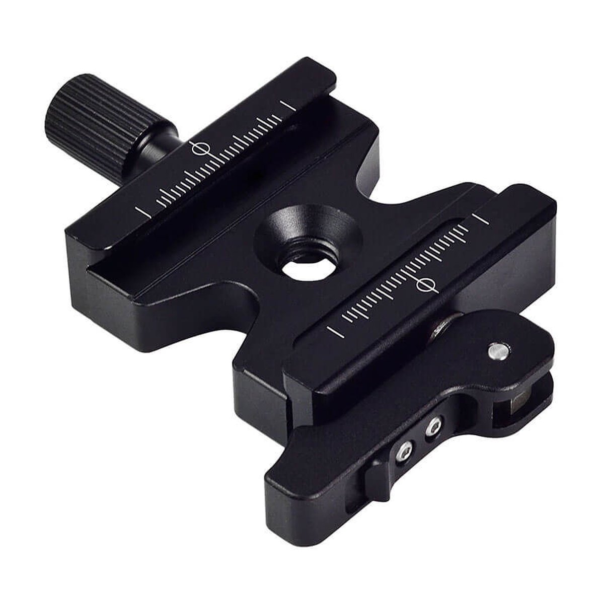 Caruba Schnellkupplung - CL-50L - Schrägansicht eines schwarzen Kamera-Schnellwechseladapters mit Skalen und Arca-Swiss Klemmhebel.