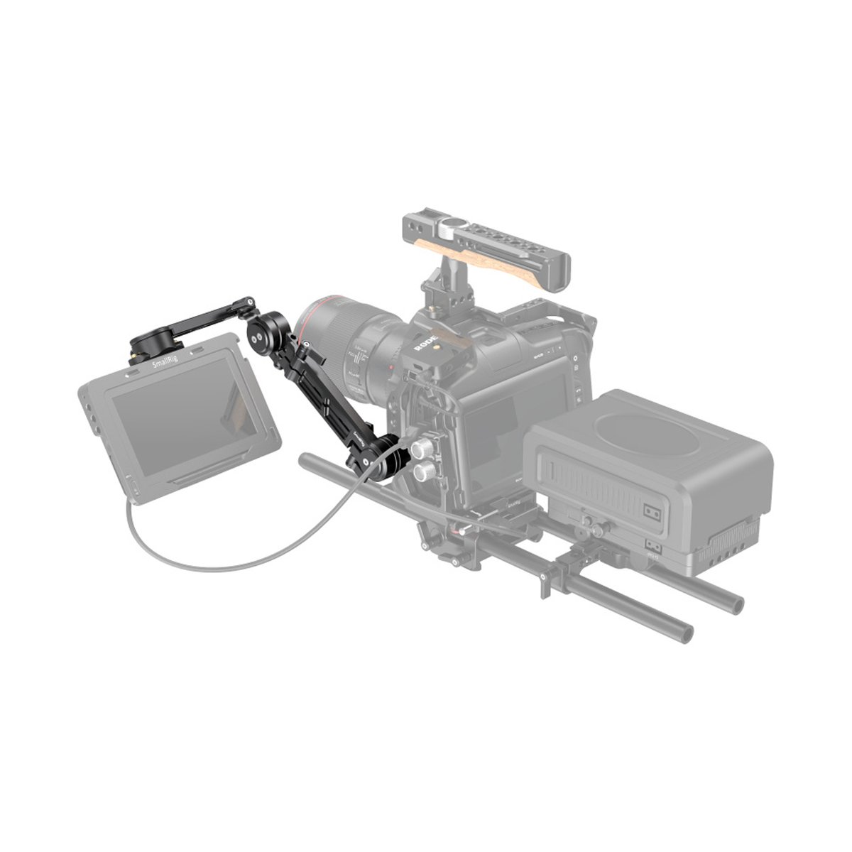 SmallRig 3507 Verstellbare EVF-Halterung mit NATO-Klemme - Anwendungsbeispiel: Externer Monitor montiert an Kamerarig über Gelenkarm. SmallRig 3507 Verstellbare EVF-Halterung mit NATO-Klemme - Anwendungsbeispiel: Externer Monitor montiert an Kamerarig über Gelenkarm.