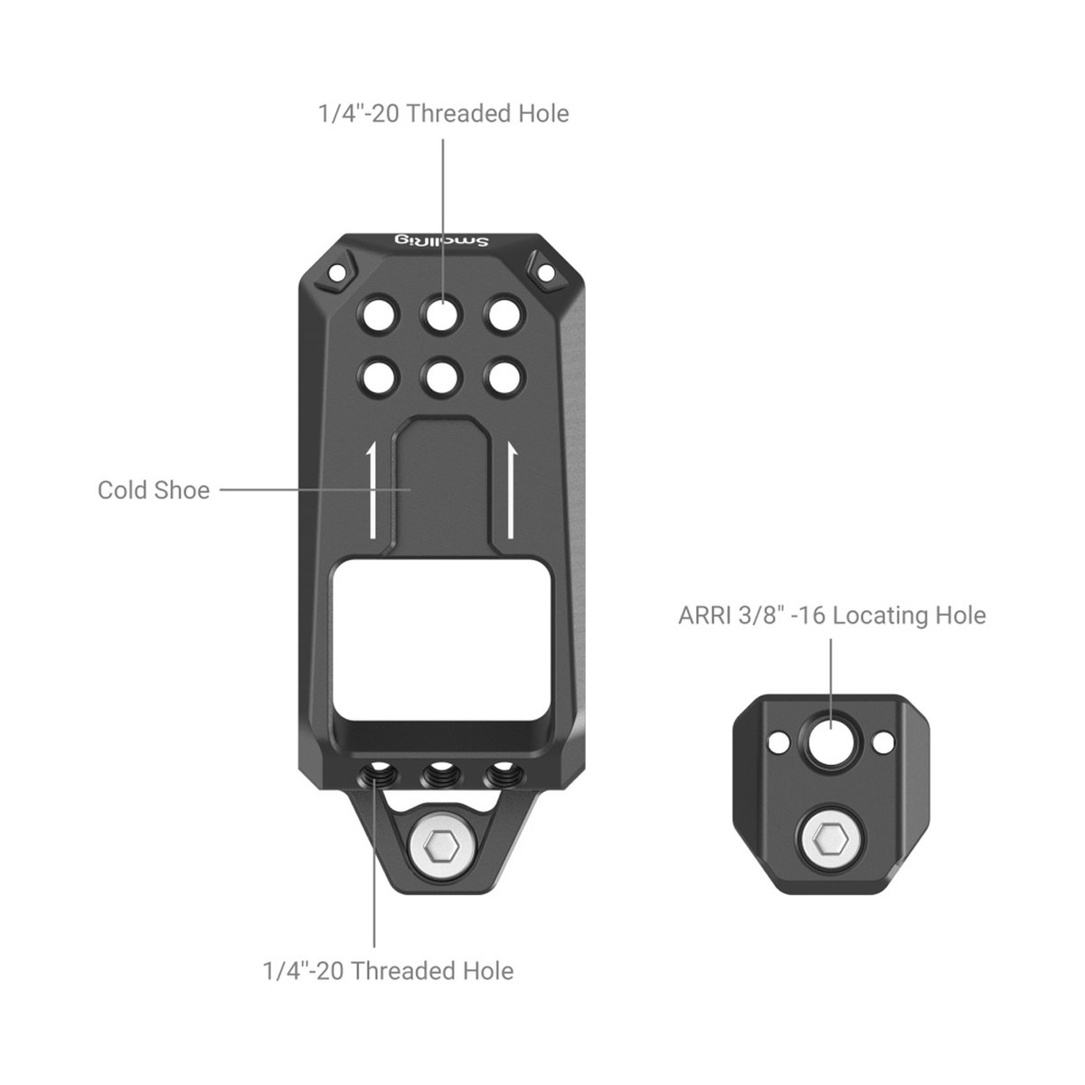 SmallRig 3990 Top Plate f. Sony FX30 und FX3 XLR Einheit - Technische Detailansicht mit Kaltblitzschuh, 1/4"-20 Gewindelöchern und ARRI 3/8"-16 Arretierlöchern.