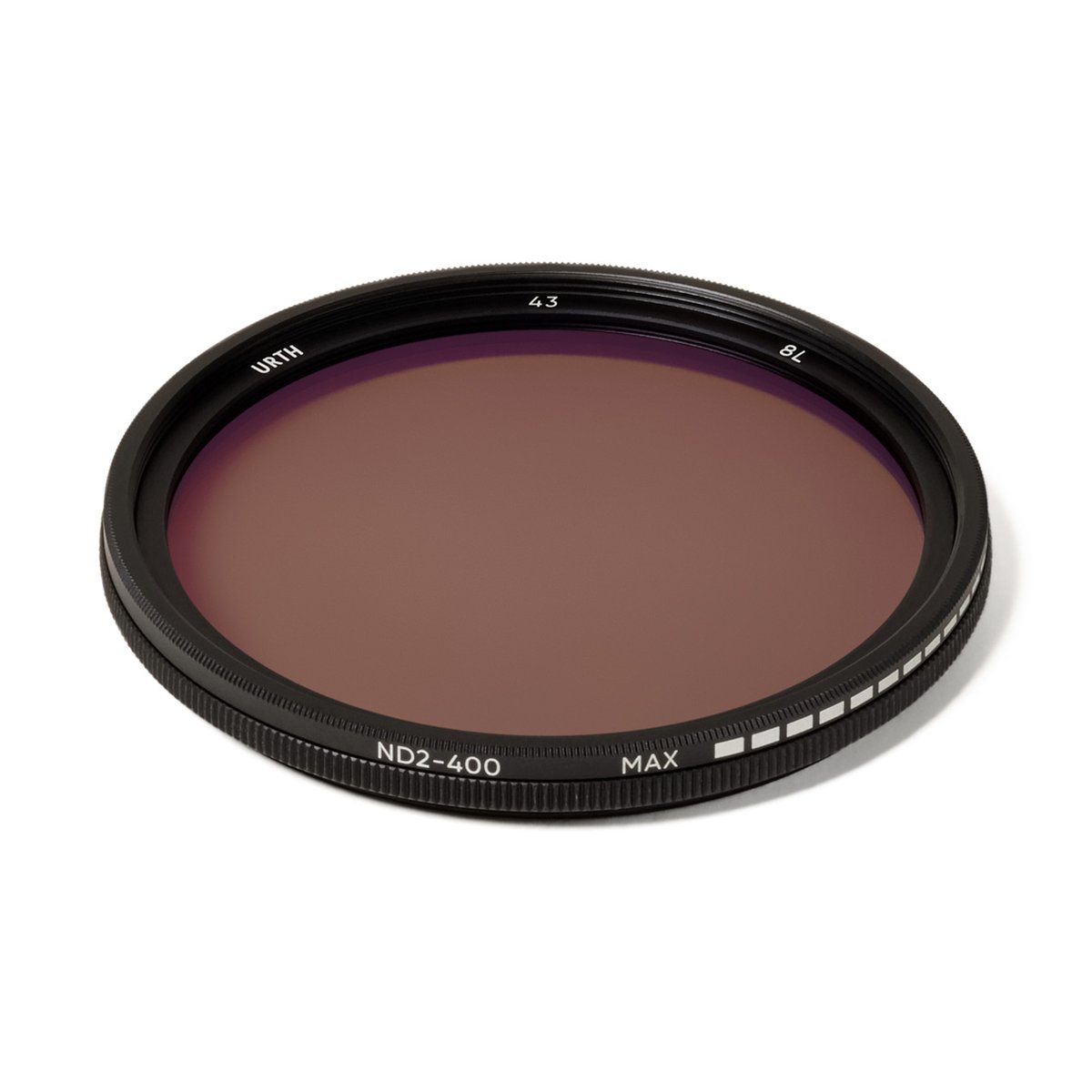 Urth 43mm ND2-400 (1-8.6 Stop) Variable ND Objektivfilter - Vorderansicht eines Urth ND2-400 variablen ND-Filters mit braunem Glas und Randbeschriftung