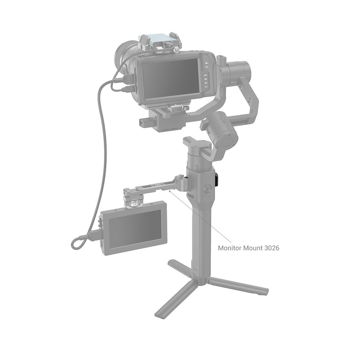 SmallRig 3032 NATO Schiene für DJI Ronin S/SC - Anwendungsbeispiel: Monitor Mount 3026 befestigt externen Monitor an Kameragimbal.