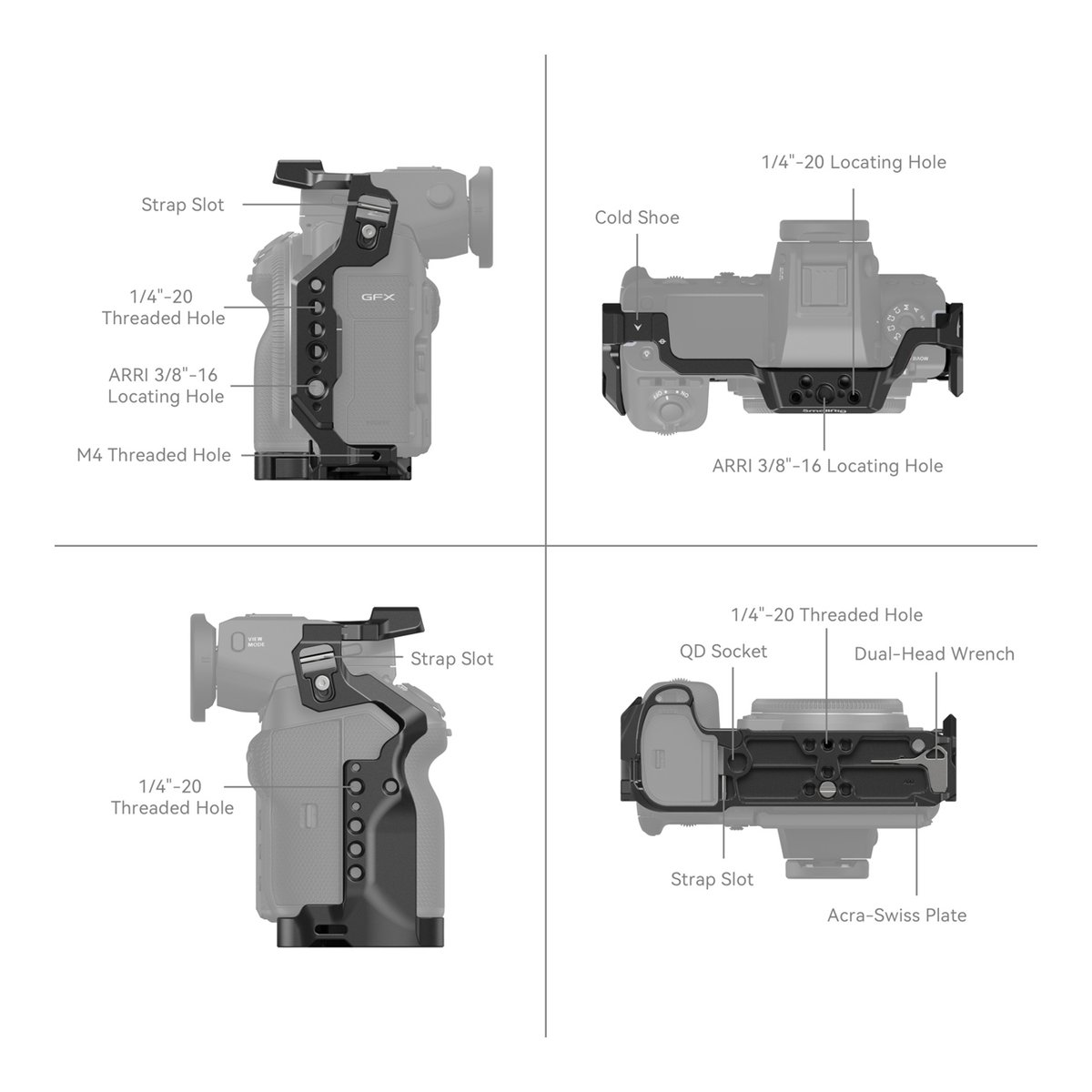 SmallRig 4201B Cage Kit für Fujifilm GFX100 II - Funktionsübersicht des Kamera-Käfigs mit beschrifteten Befestigungspunkten und Anschlüssen.