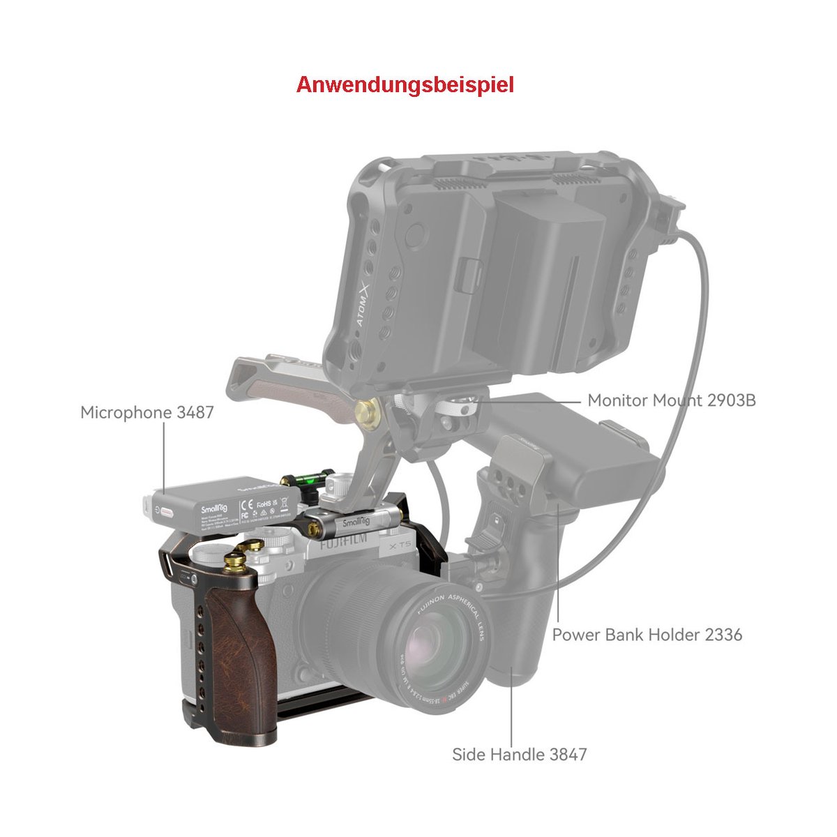SmallRig 3870 Retro Cage für Fujifilm X-T5 - Anwendungsbeispiel: Kamera-Rig mit Monitor, Mikrofon, Power Bank Halterung und Seitenhandgriff