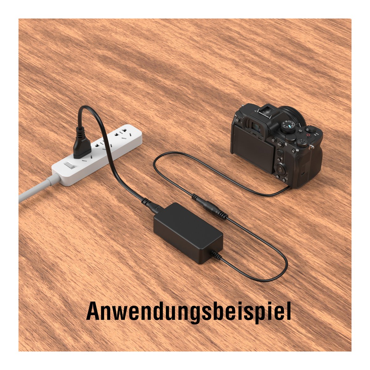 SmallRig 4269B NP-FZ100 Dummy-Batterie mit Netzadapter (EU-Standard) - Anwendungsbeispiel: Kameranetzteil an Steckdosenleiste angeschlossen.