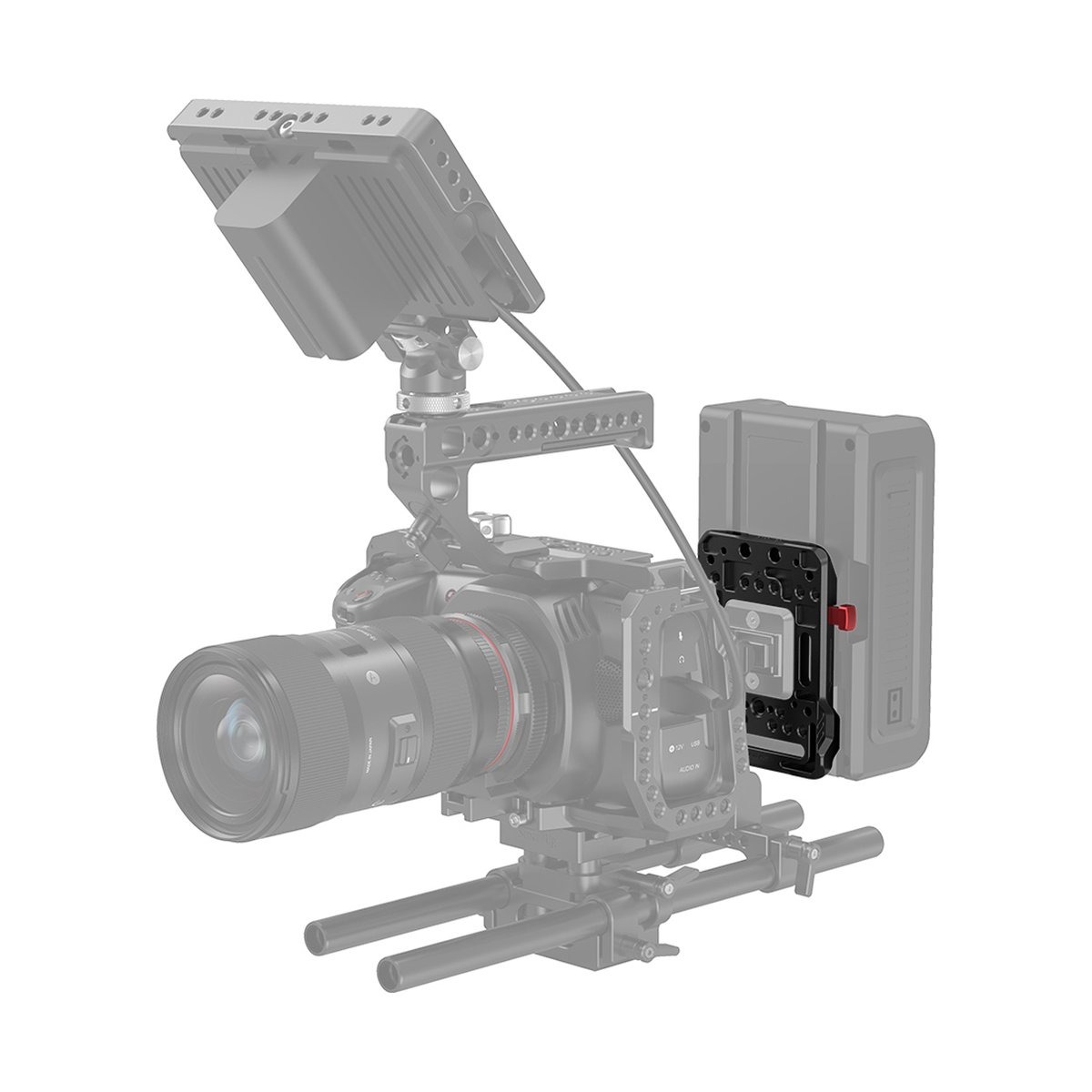 SmallRig 2988 V-Mount-Akku-Adapterplatte - Anwendungsbeispiel: V-Mount Akkuplatte am Kamera-Rig mit angeschlossenem Akku SmallRig 2988 V-Mount-Akku-Adapterplatte - Anwendungsbeispiel: V-Mount Akkuplatte am Kamera-Rig mit angeschlossenem Akku