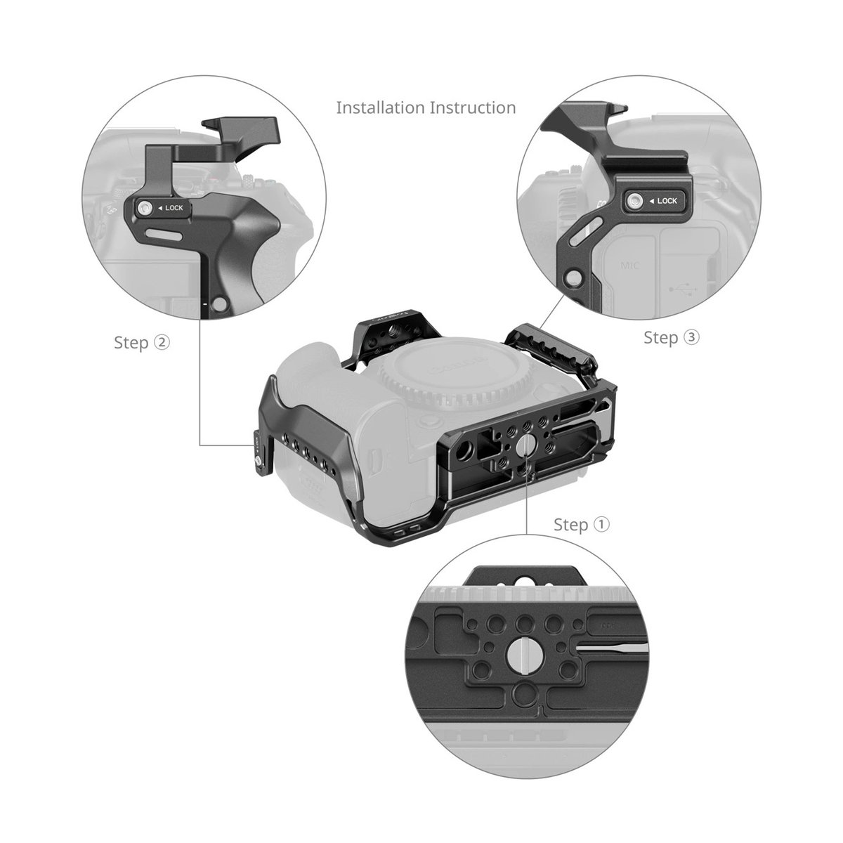 SmallRig 4978 Cage f. Canon EOS R5 II - Montageanleitung Kamerakäfig: 3 Schritte zur Befestigung an der Kamera.