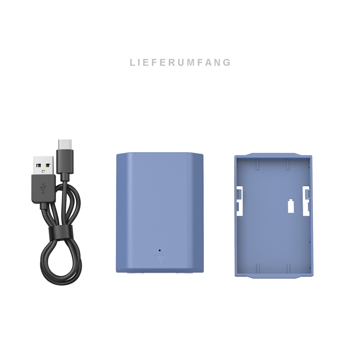 SmallRig 4265B NP-FZ100 USB-C aufladbare Kamerabatterie - Lieferumfang: USB-Kabel und blaues Gerät mit abgenommener Abdeckung.