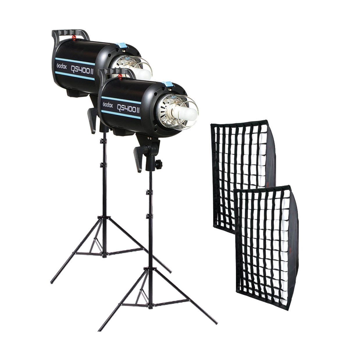 Godox QS400II High Performance Kit - Lieferumfang: 2 Godox QS400II Studioblitze auf Stativen mit 2 Grids