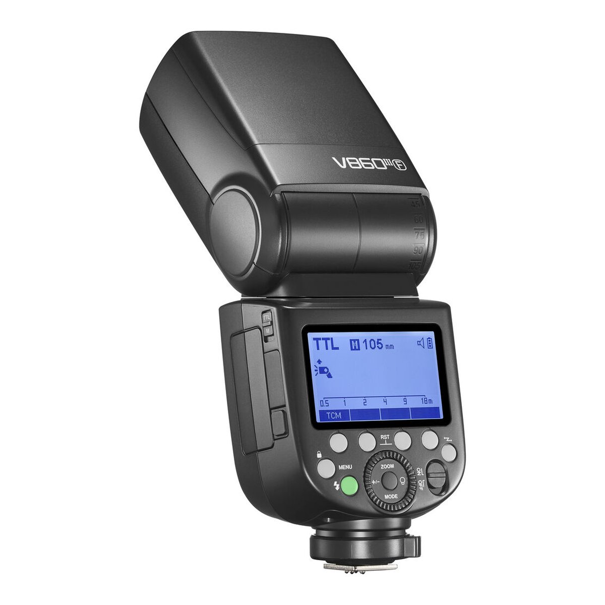 Godox Speedlite V860III Fuji - Produktansicht: Kamerablitz mit beleuchtetem Display und Bedienelementen