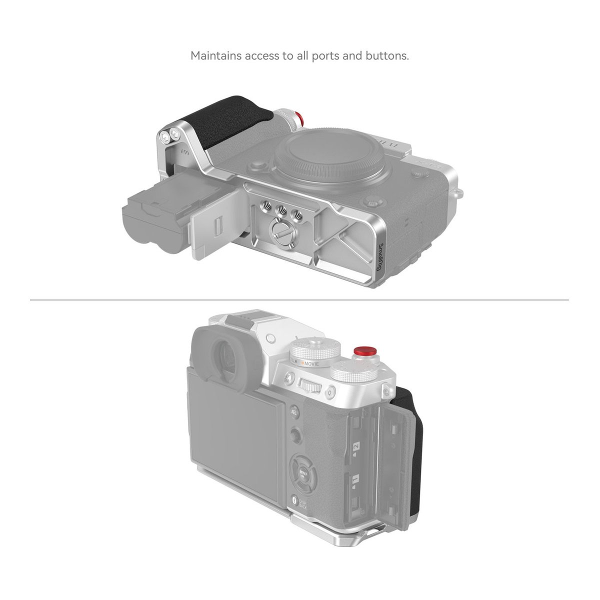 SmallRig 4136 L-Shape Griff für Fujifilm X-T5 - Detailansicht: L-Halterung an Kamera, mit Zugang zu Batteriefach (oben) und Seitenanschlüssen (unten).