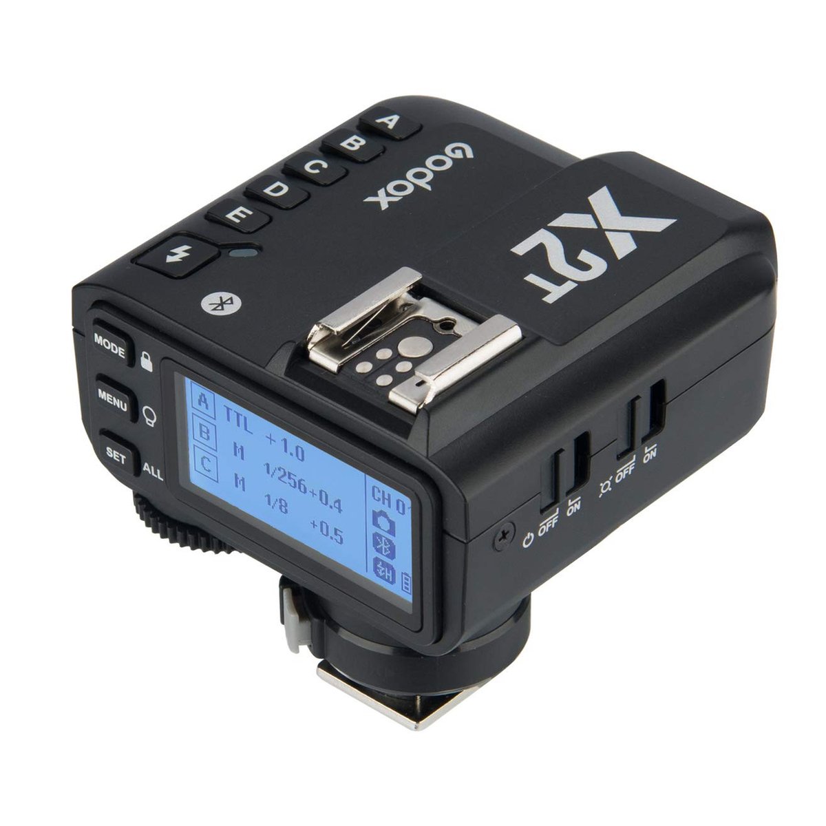 Godox Speedlite TT685 II Fuji Off Camera Kit - Godox X2T Blitzauslöser, schräge Ansicht von oben mit Display, Tasten & Blitzschuh.
