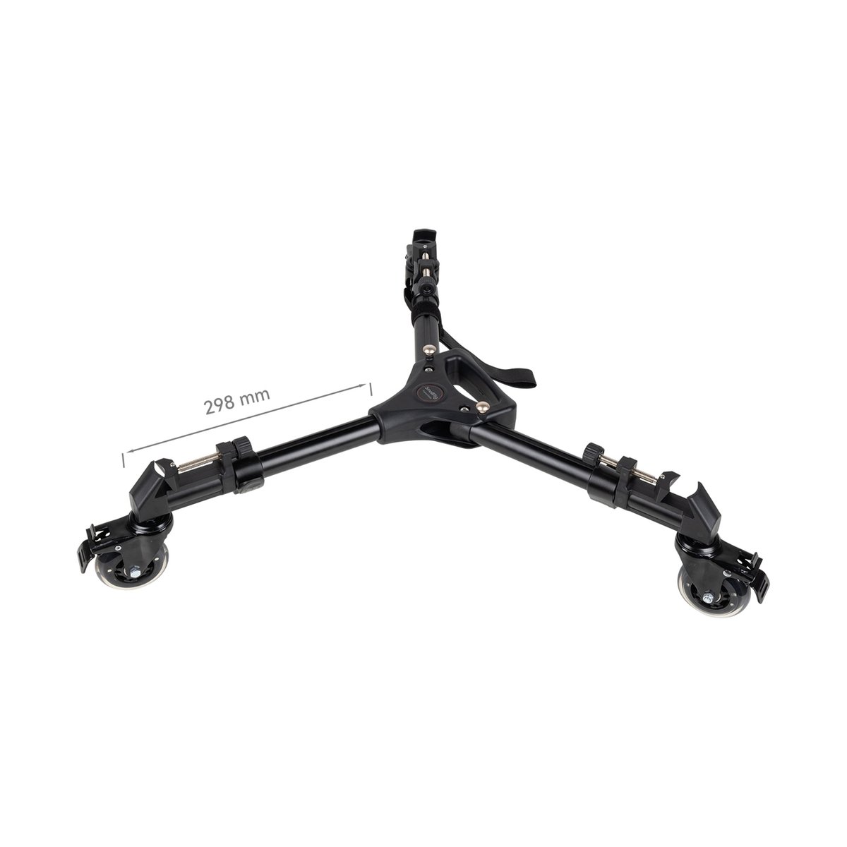 SmallRig 3986 Universal Tripod Dolly - Stativ-Dolly mit drei Rollen, Gesamtansicht mit 298 mm Armlängen-Maßangabe.