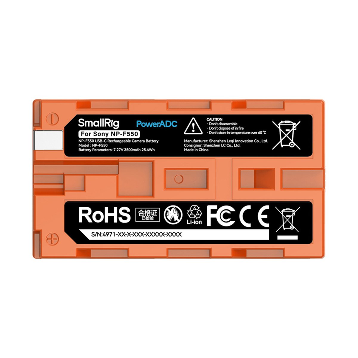SmallRig 4971 NP-F550 USB-C wiederaufladbarer Kamera-Akku (Orange) - Detailansicht: SmallRig PowerADC NP-F550 Akku mit Produktinformationen