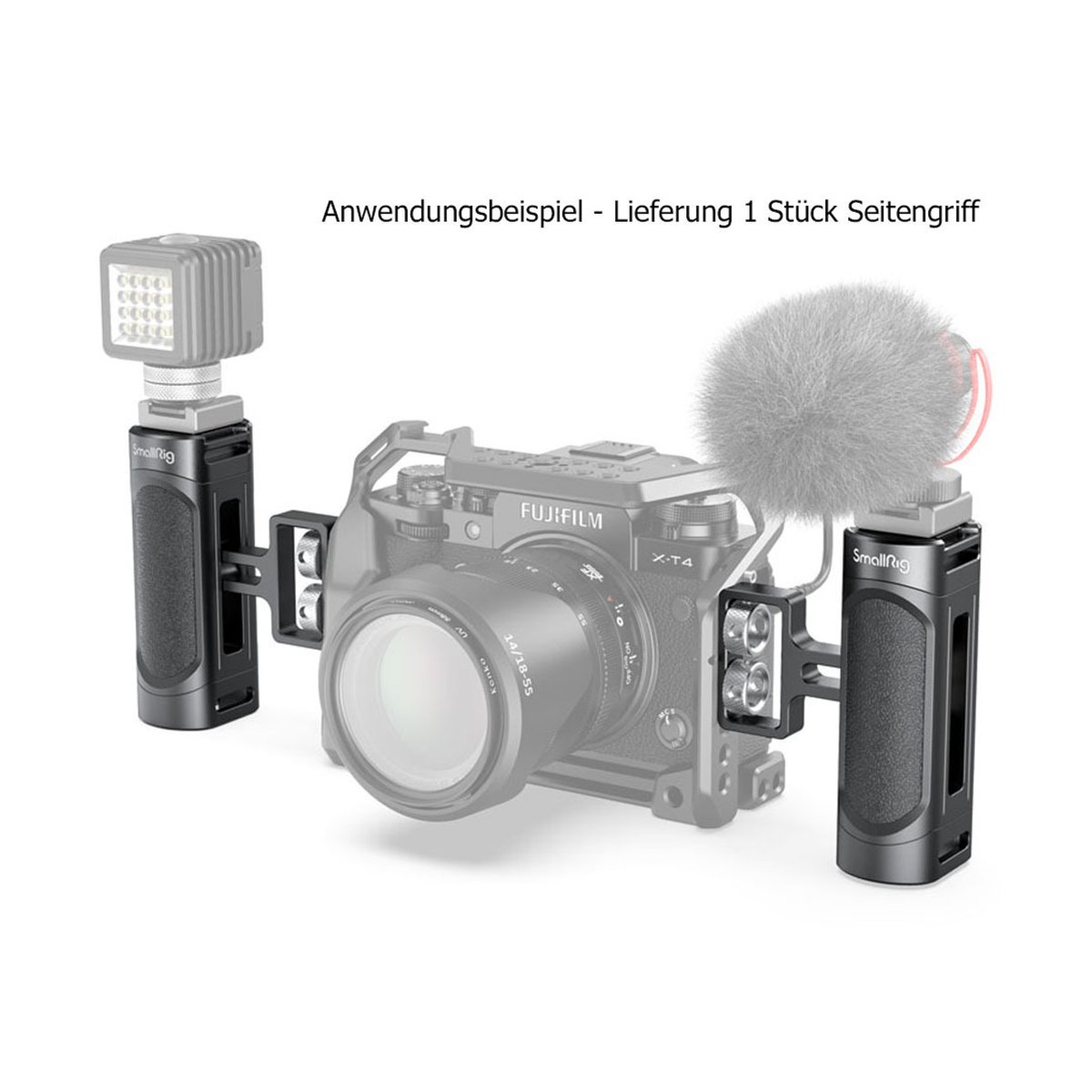 SmallRig 2916 Mini Seitengriff (1/4"-20 Schrauben) - Anwendungsbeispiel des Seitengriffs am Kamerarig, mit LED-Licht und Mikrofon. Lieferung: 1 Seitengriff.