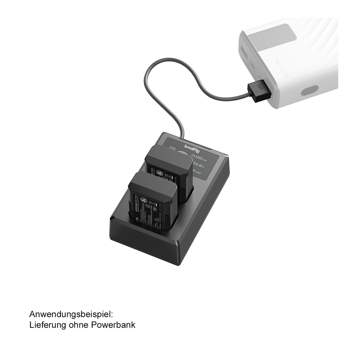 SmallRig 3818 NP-FW50 Akku u. Ladegerät Kit - ANWENDUNGSBEISPIEL: Ladegerät lädt zwei Akkus an einer Powerbank