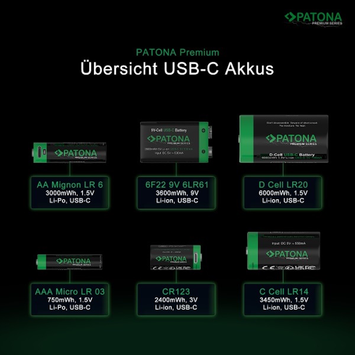 Patona Premium USB-C 4x AA Mignon Akkus 3000 mWh