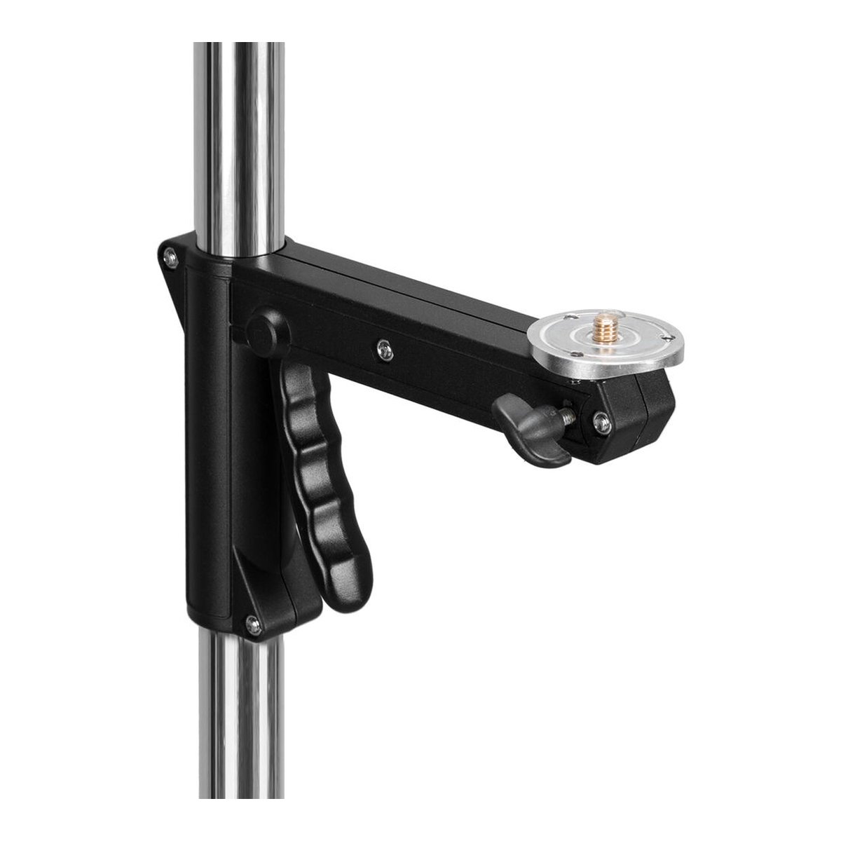 Godox 240FS Wheeled light Stand - Detailansicht eines schwarzen Auslegearms mit Griff und Montageplatte, an vertikaler Stange befestigt.