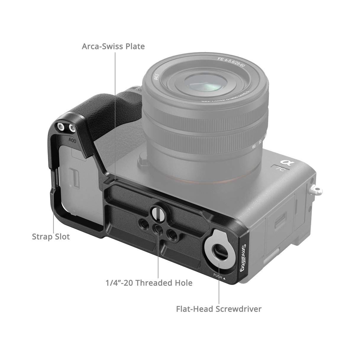 SmallRig 4797 L-förmige Montageplatte mit Silikonhandgriff für Sony Alpha 7C II/7CR - Kamerahalterung an Kamera: Arca-Swiss Platte, Gurtöffnung, Gewindelöcher, integrierter Schraubendreher