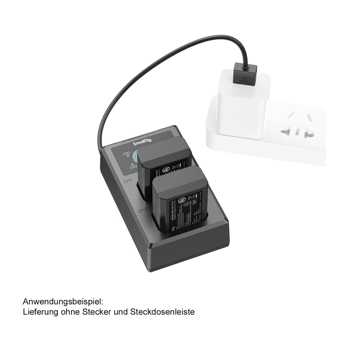 SmallRig 3818 NP-FW50 Akku u. Ladegerät Kit - Anwendungsbeispiel: SmallRig Ladegerät lädt zwei Akkus an einer Steckdose.