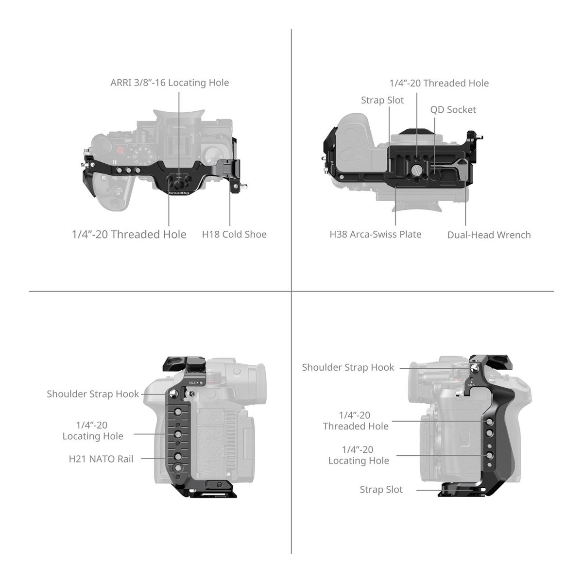 SmallRig 4824 HawkLock QR f. Lumix GH7 / GH6 - Detailansicht der technischen Merkmale und Anschlüsse des Kameracages