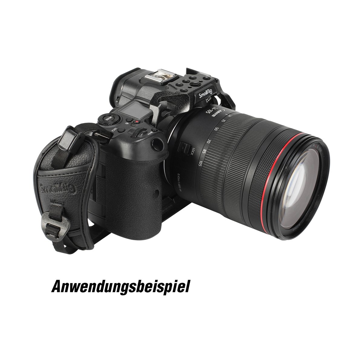 SmallRig 3848 black Mamba Handschlaufe - Anwendungsbeispiel: Kamera mit SmallRig Käfig und Handschlaufe von vorne-oben. SmallRig 3848 black Mamba Handschlaufe - Anwendungsbeispiel: Kamera mit SmallRig Käfig und Handschlaufe von vorne-oben.