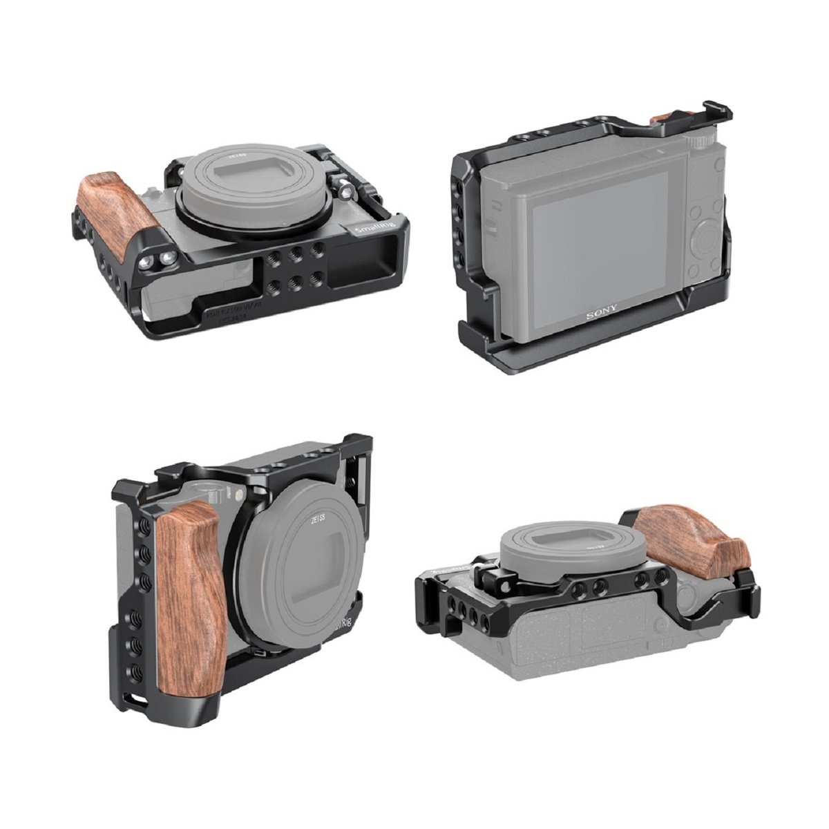 SmallRig 2434 Cage für Sony RX100 VI/VII - Mehrfachansicht eines Kamerakäfigs mit Holzgriff, montiert an einer Kamera.