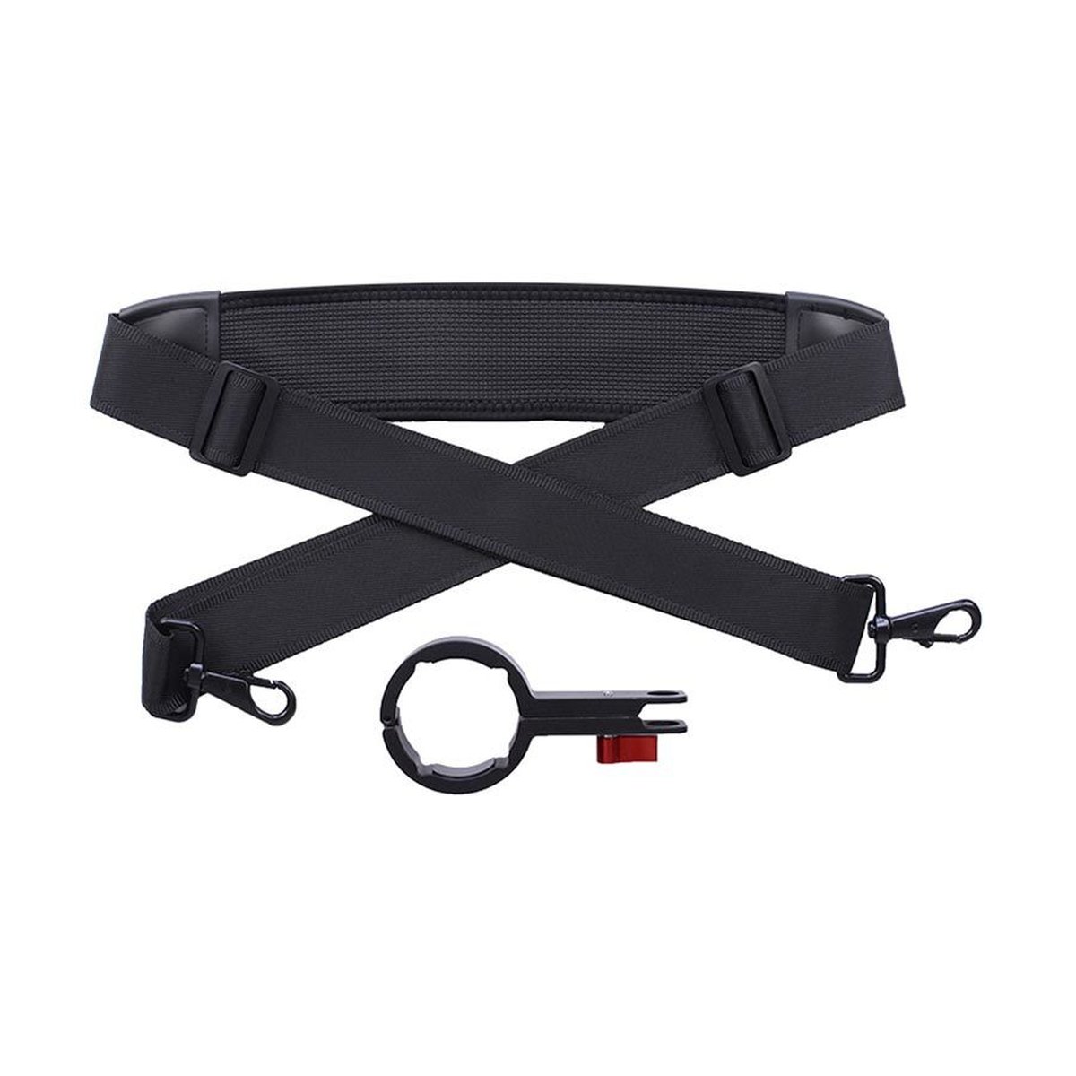 Caruba Gewichtsentlastungsriemen + Gimbal-Klemme für Ronin S - Lieferumfang: schwarzer Schultergurt mit Clips und schwarze Rohrschelle mit rotem Knopf.