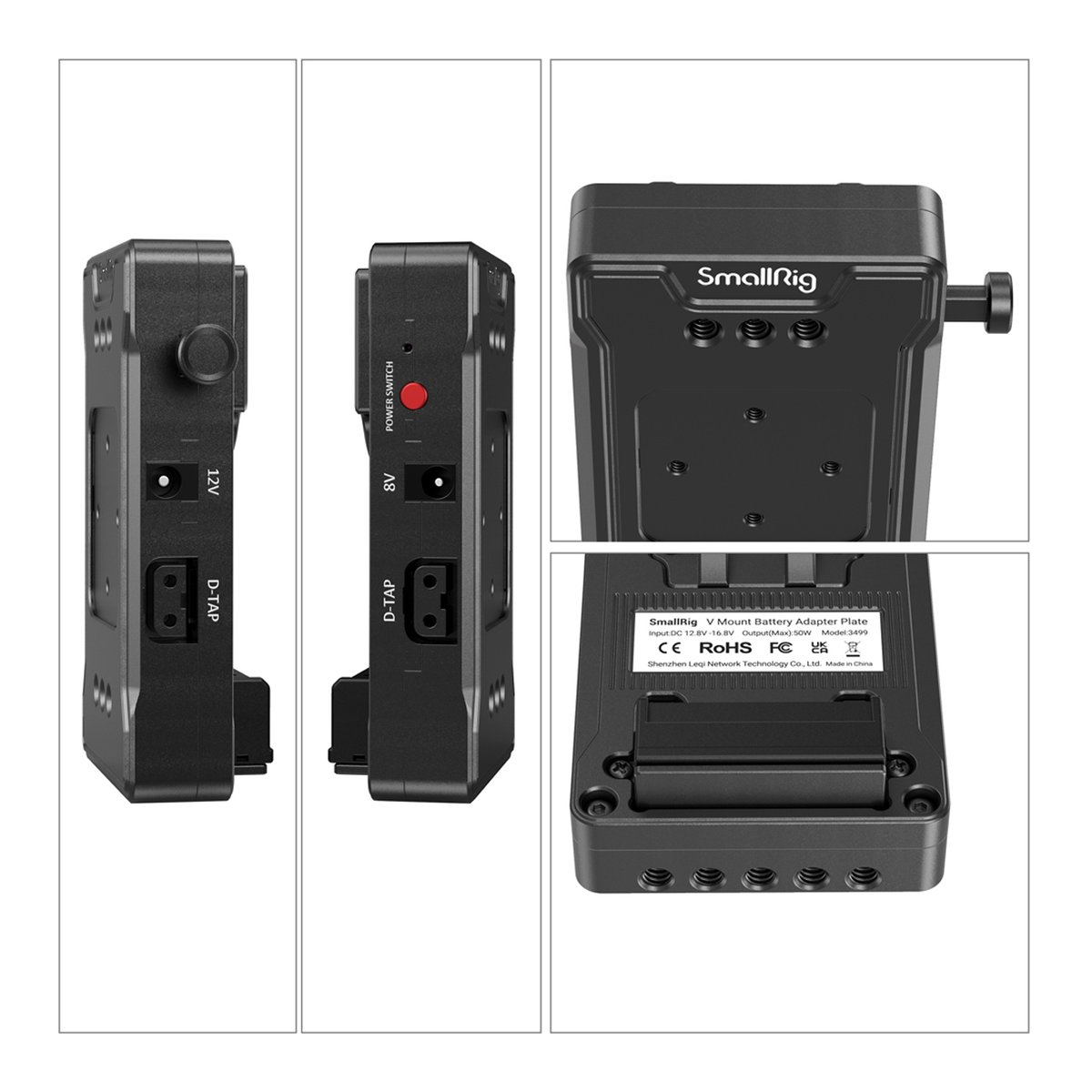 SmallRig 3499 V-Mount-Akkuadapterplatte (Basic Version) mit Verlängerungsarm - Detailansichten des SmallRig V-Mount Akku-Adapters mit 8V/12V/D-TAP Anschlüssen und Typenschild.