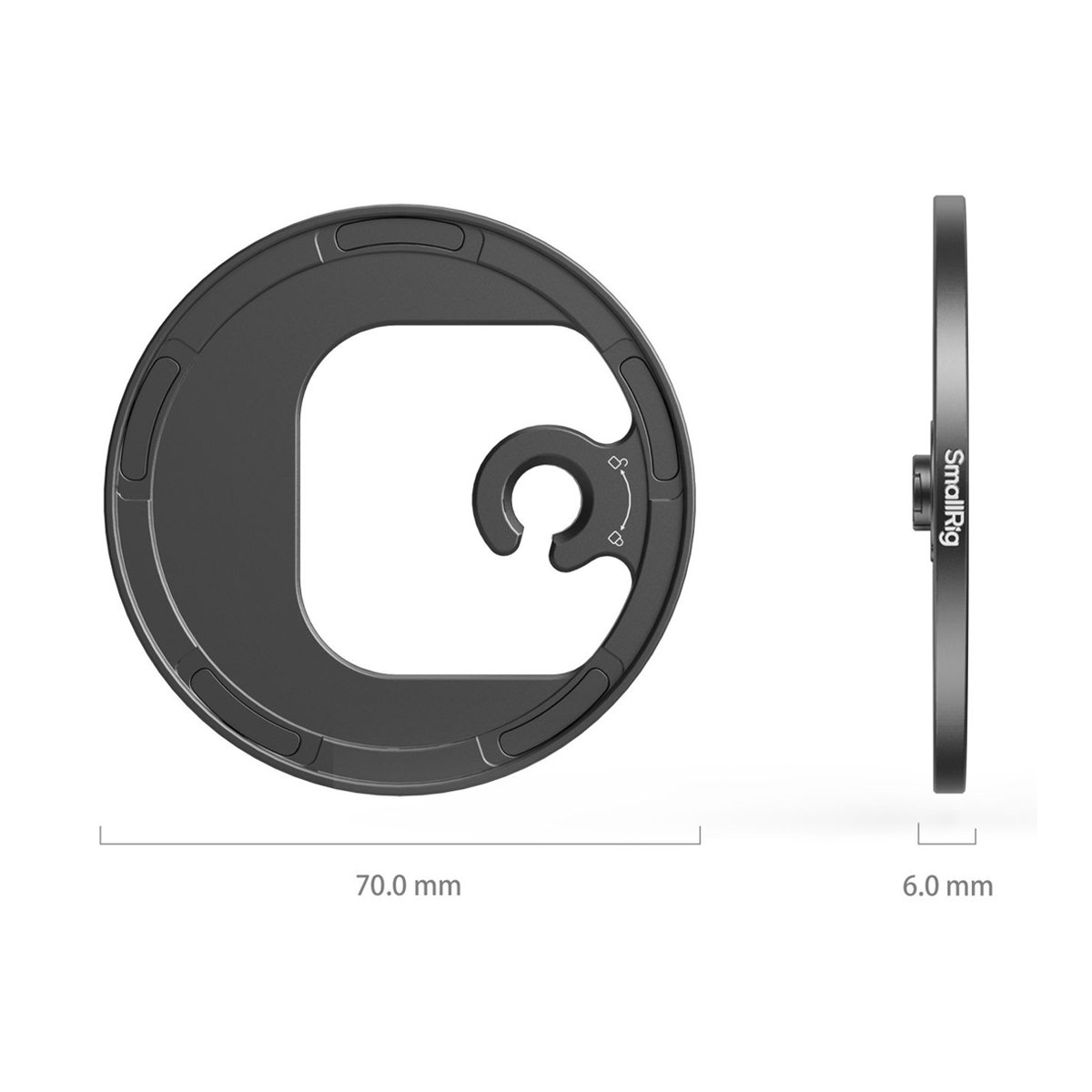 SmallRig 4587 Attachable Filter Adapter (M-Mount) 67 mm - Maßzeichnung: Front- und Seitenansicht des SmallRig Produkts mit 70mm Durchmesser und 6mm Dicke.