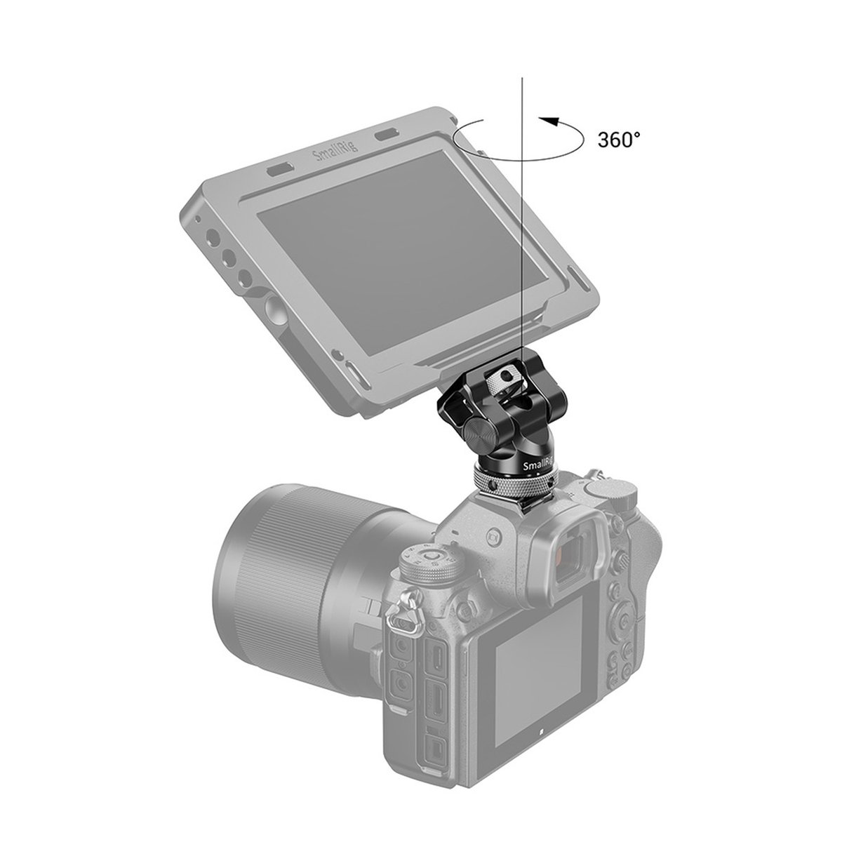 SmallRig 2346B Swivel&Tilt Monitor- Halterung kipp-/360° drehbar + Cold Shoe - Anwendungsbeispiel: Monitor-Halterung auf Kamera mit 360° Drehfunktion
