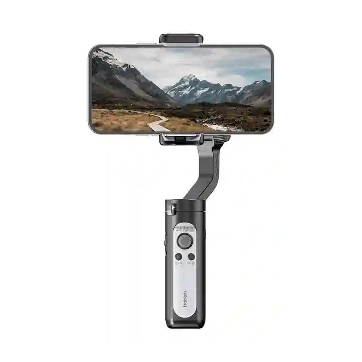 Hohem iSteady XE Black - Frontansicht: Smartphone-Gimbal mit montiertem Handy, Display zeigt Landschaftsbild.