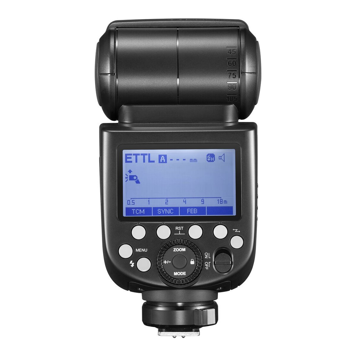 Godox Speedlite TT685 II Fuji - Frontansicht Kamerablitz mit beleuchtetem Display (ETTL-Modus) und Bedienelementen.