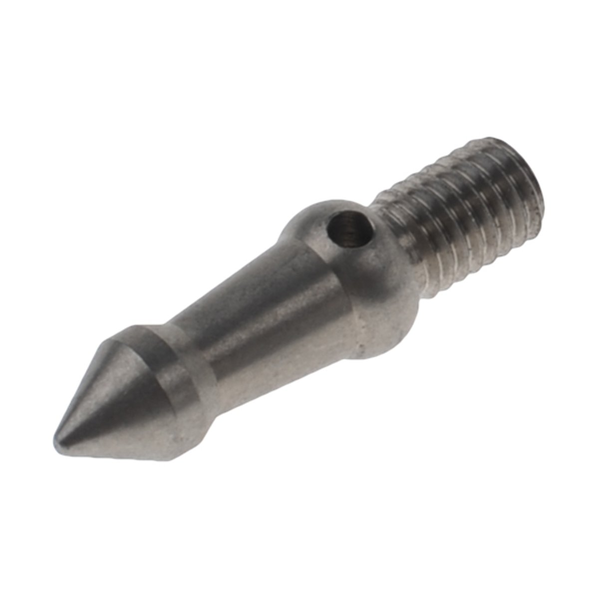 Caruba Stativspitze - Metall - Detailansicht Metallstift mit spitzer Endung, Gewinde und Querbohrung.