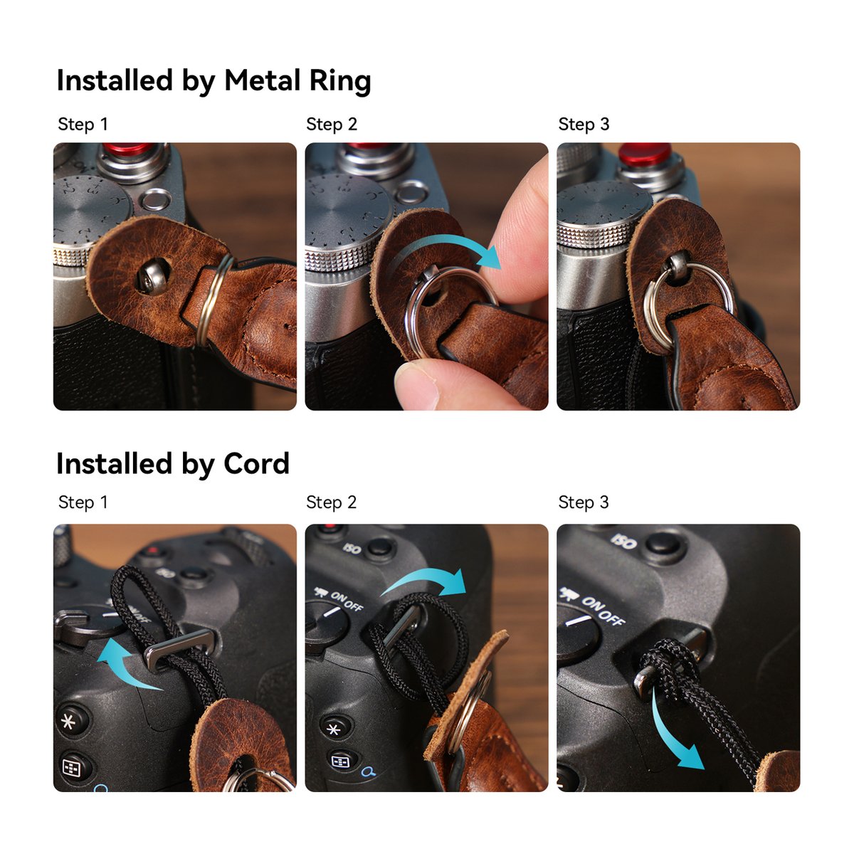 SmallRig 3926 Universal Vintage Wrist Strap, Handschlaufe für Fujifilm X-T5 - Installationsanleitung für Kameragurt: Befestigung mittels Ring und Kordel.