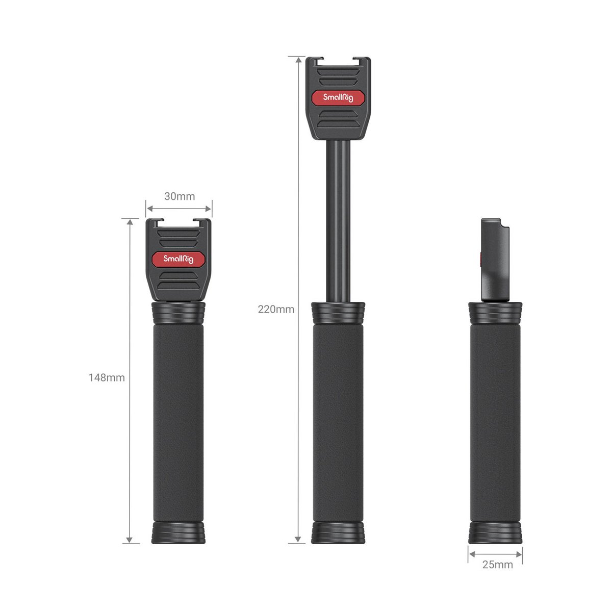 SmallRig 3182 Rode Wireless Go Griff für Interviews - Technische Zeichnung mit Maßen des SmallRig-Griffs: eingefahren (148mm), ausgefahren (220mm), Breite (25mm).
