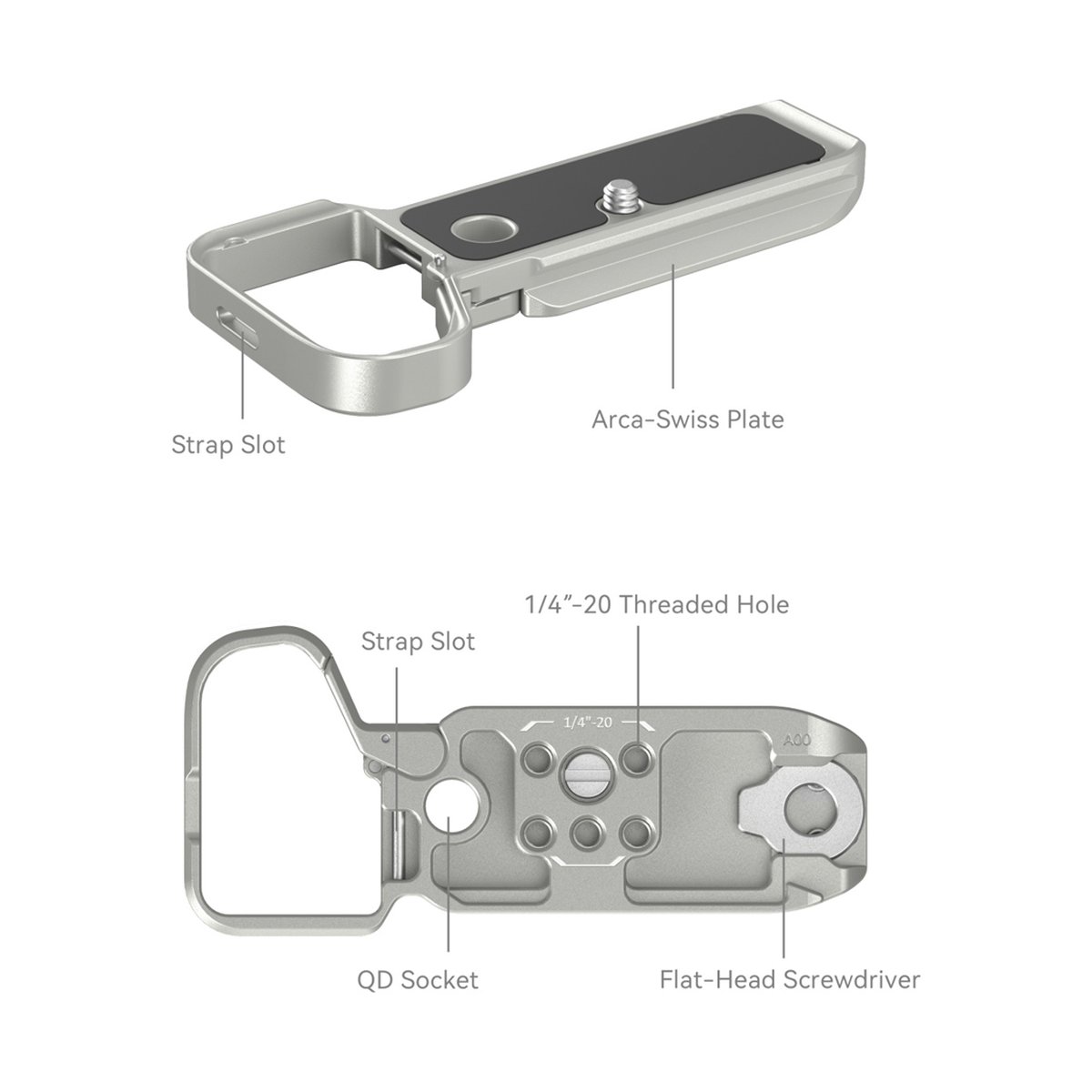 SmallRig 4439 Bottom Mount Plate für Sony Alpha 7C II / Alpha 7CR (silver) - Detaillierte Ansichten der Kamera-Bodenplatte mit beschrifteten Funktionen.