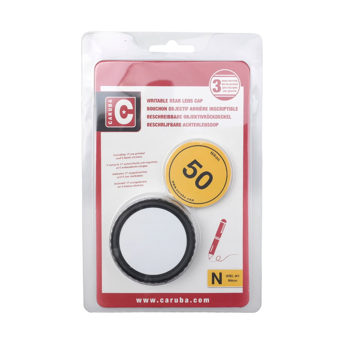 Caruba beschreibbarer hinterer Objektivdeckel Nikon - Lieferumfang: beschreibbarer Objektivrückdeckel, Marker und Aufkleber in Blisterverpackung