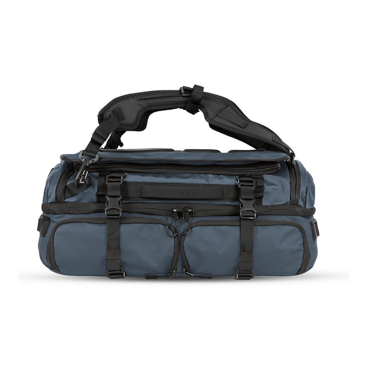 WANDRD HEXAD ACCESS DUFFEL Aegean Blue - Frontansicht der blaugrauen Reisetasche mit Schultergurt und Tragegriffen.